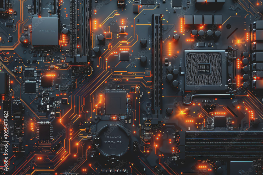 Poster computer motherboard with complex circuits and microchips focused on technology.