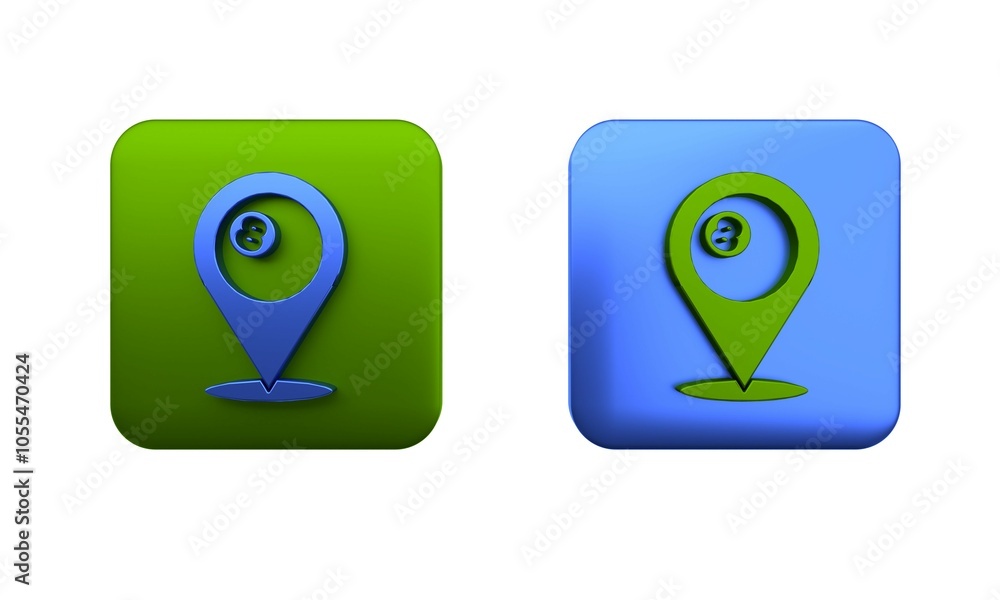 Poster colorful map pointer with billiard pool snooker ball with number 8 icon isolated on white background