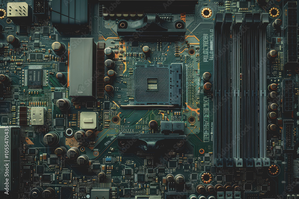 Poster computer motherboard with complex circuits and microchips focused on technology.