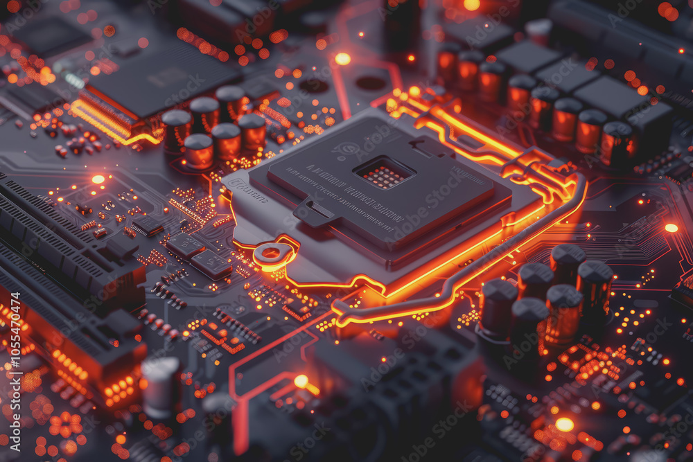 Poster computer motherboard with complex circuits and microchips focused on technology.