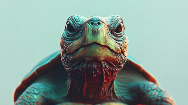 A glitch-style image of a turtle with an angry face