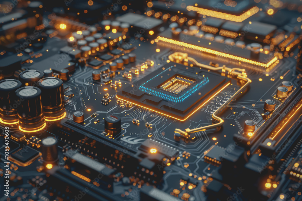 Poster computer motherboard with complex circuits and microchips focused on technology.