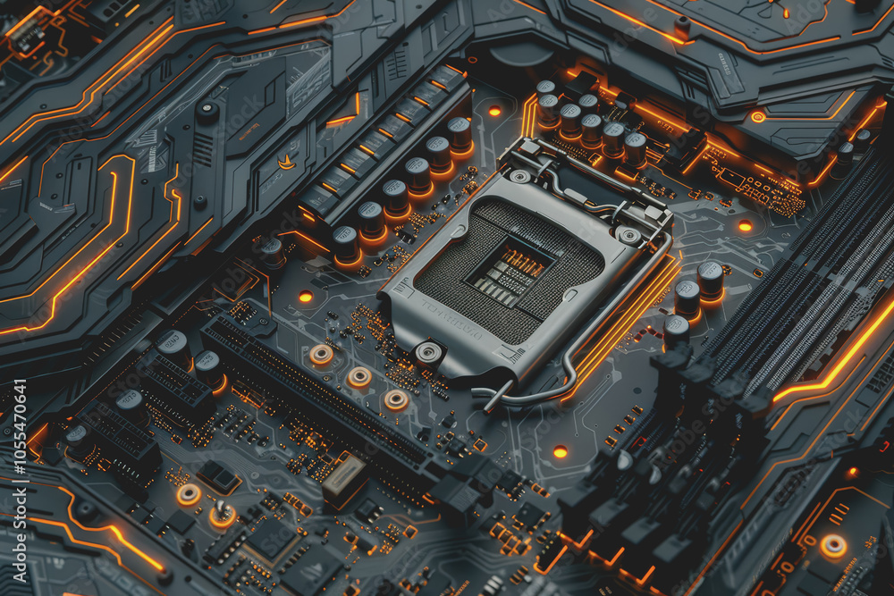 Poster computer motherboard with complex circuits and microchips focused on technology.