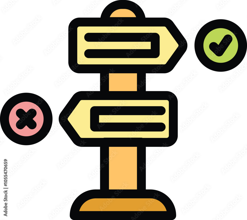 Poster conceptual icon of decision making process with right and wrong road sign, choosing the correct way