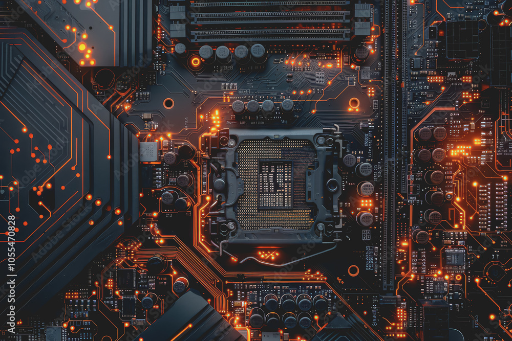 Poster computer motherboard with complex circuits and microchips focused on technology.