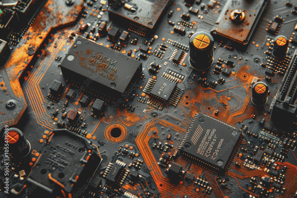 Poster computer motherboard with complex circuits and microchips focused on technology.