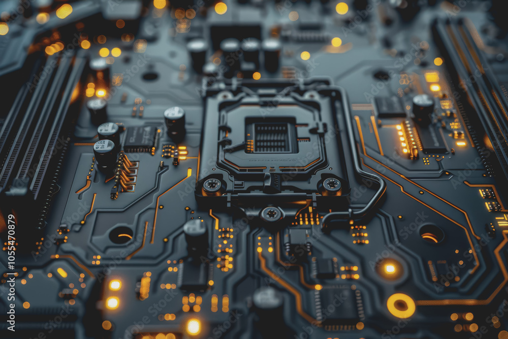 Poster computer motherboard with complex circuits and microchips focused on technology.