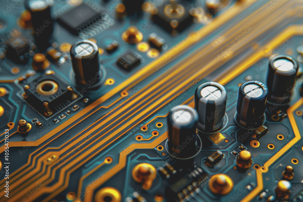 Poster computer motherboard with complex circuits and microchips focused on technology.