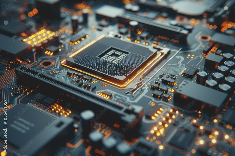 Aufkleber computer motherboard with complex circuits and microchips focused on technology.