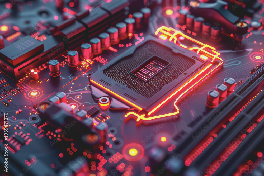 Poster computer motherboard with complex circuits and microchips focused on technology.