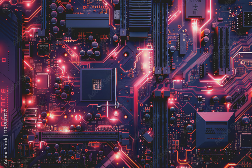 Poster computer motherboard with complex circuits and microchips focused on technology.