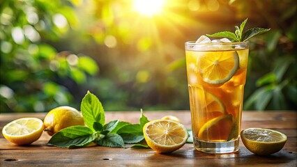 A refreshing glass of iced tea with lemon and mint, resting on a rustic wooden table, bathed in the warm glow of sunlight filtering through lush green foliage.