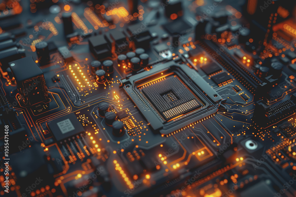 Poster computer motherboard with complex circuits and microchips focused on technology.