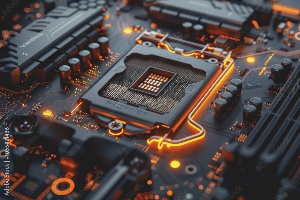Poster computer motherboard with complex circuits and microchips focused on technology.