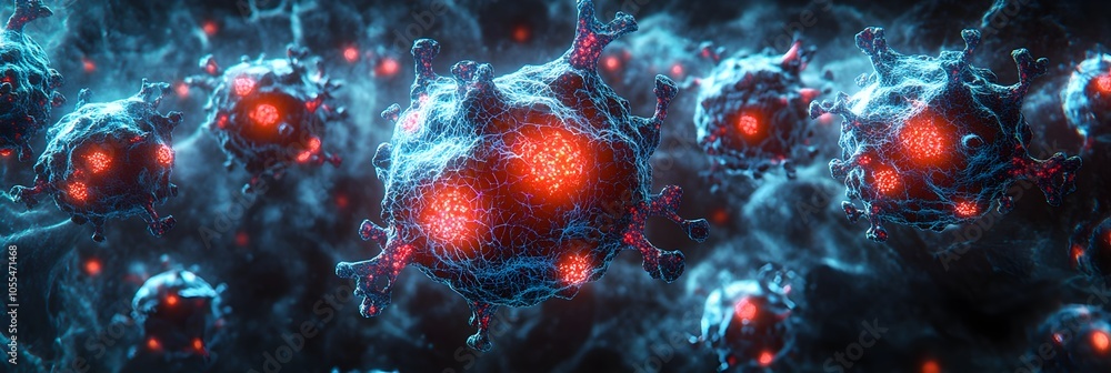 Poster captivating microscopic view of glowing,infectious viral cells against a dynamic,futuristic backdrop