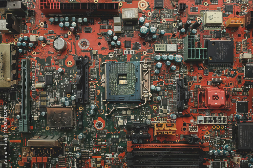 Poster computer motherboard with complex circuits and microchips focused on technology.