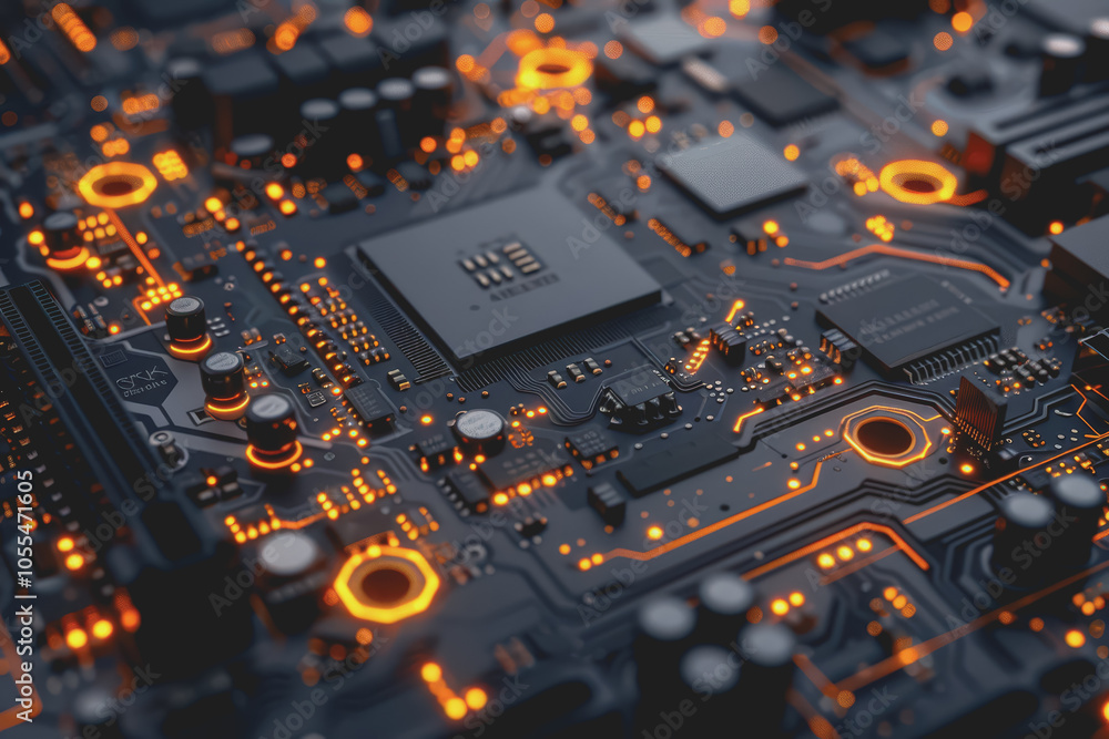 Poster computer motherboard with complex circuits and microchips focused on technology.