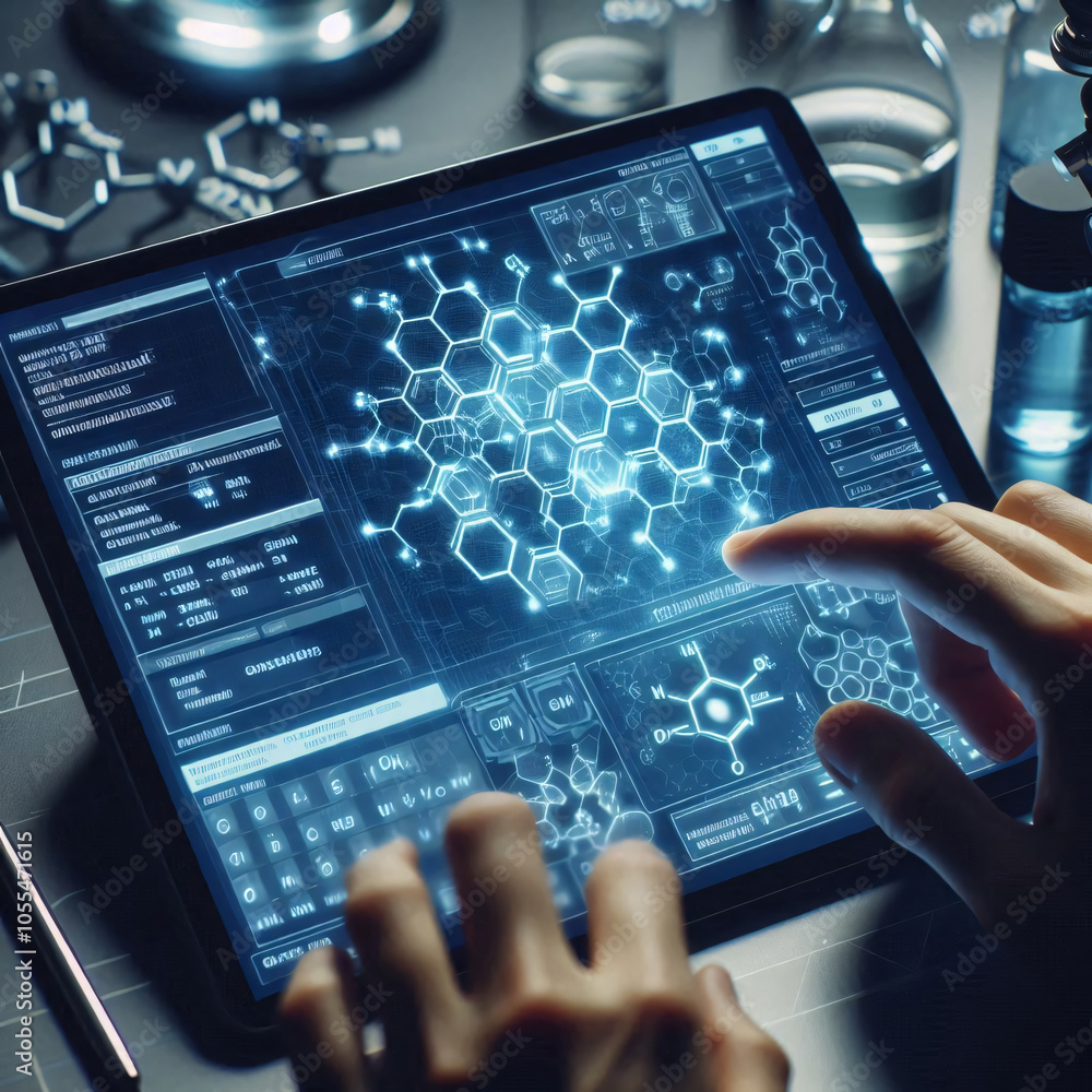 Poster a person using a tablet with a glowing honeycomb pattern and chemical formulas on the screen, surrou