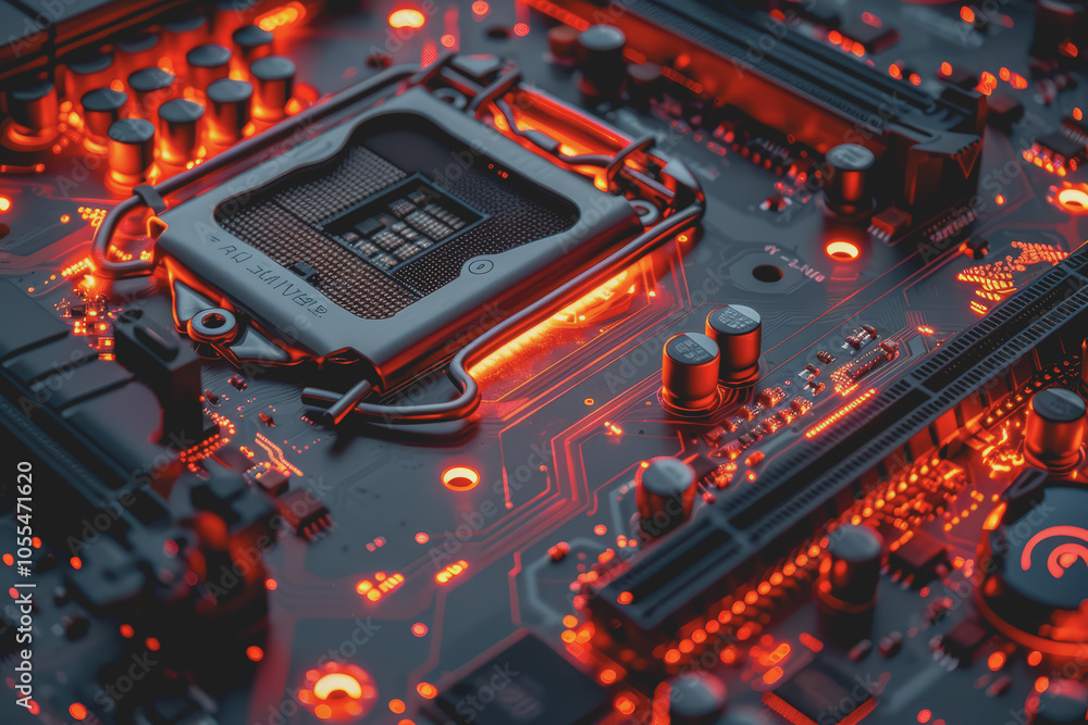 Poster computer motherboard with complex circuits and microchips focused on technology.