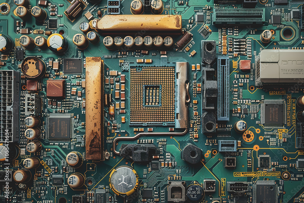 Poster computer motherboard with complex circuits and microchips focused on technology.