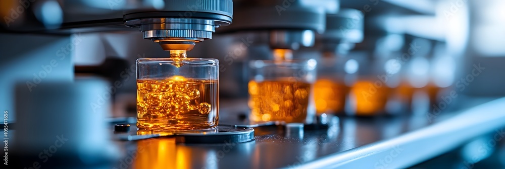 Poster close-up macro shot of amber colored laboratory glassware such as beakers,test tubes,and flasks plac
