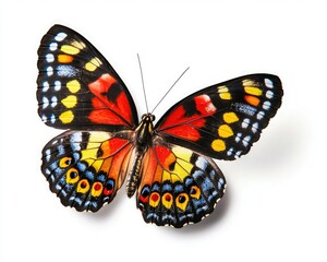 Fototapeta premium A vibrant butterfly with striking red, yellow, and blue patterns perched on a white background, showcasing nature's beauty and intricate design.