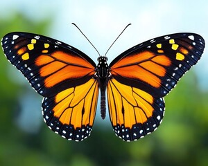 A vibrant Monarch butterfly displays striking orange and black wings against a blurred green background, symbolizing beauty and transformation.