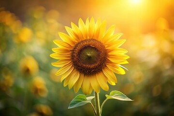 Soft focused photograph of a single sunflower, bloom, outdoor, flower field