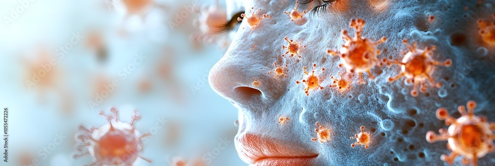 Aufkleber Close-up macro view of microscopic coronavirus cells and microorganisms infecting and spreading in the human nose and mouth area during the global pandemic outbreak. Concept of contagious disease.