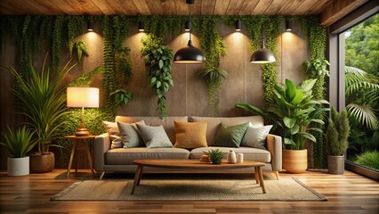 Fototapeta premium Inviting Minimalism in Warm Tones: Serene Living Space with Plush Sofa and Greenery for Relaxation