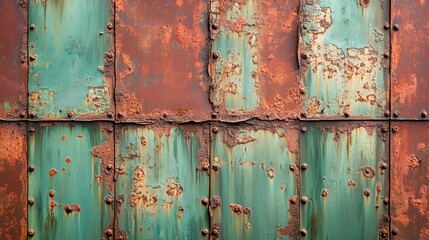 Industrial metal sheet decay, with rust, vibrant green, and red oxidations, close-up, soft natural light enhances the heavy corroded textures