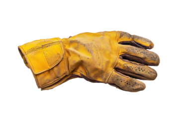 Worn yellow work glove resting on a clean background after a long day of labor outdoors