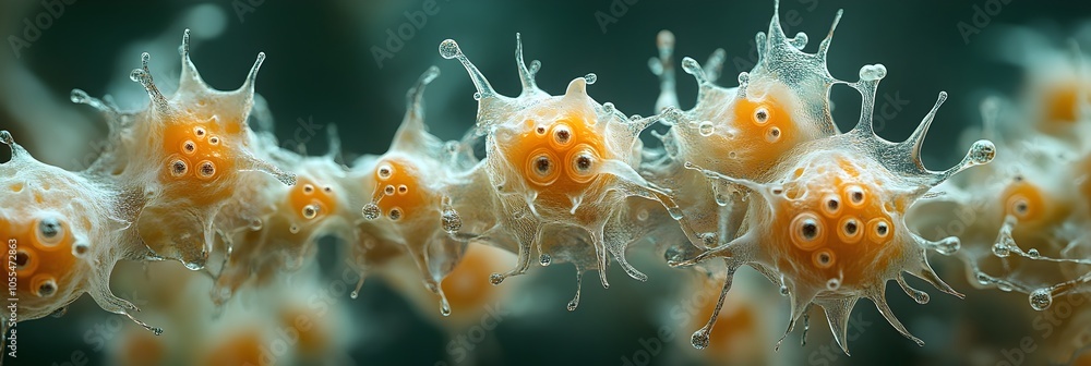 Aufkleber closeup microscopic view of various cellular structures,viral particles,and organic elements depicti