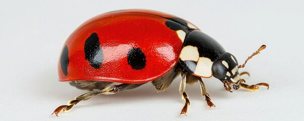 A vibrant red ladybug with black spots sits on a flat surface, showcasing its distinct features and glossy exoskeleton.