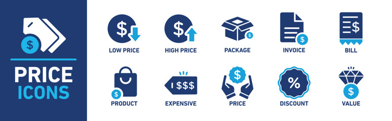 Price Icon Set Featuring Low Price, Invoice, and Discount Symbols