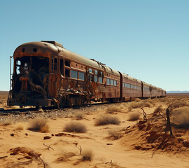Obraz premium Abandoned means of transport, train, car, bus, truck, double-decker bus in ruins, empty, rusting in the desert, decaying in ruin, decomposing.