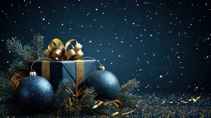 Blue and gold luxury Christmas balls ornaments, glitter blue paper gift box, fir branches on dark blue background. Xmas vertical banner design, Happy New Year party invitation card template.