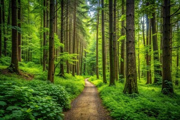 Fototapeta premium Trail winding through dense forest with tall trees and vibrant green foliage, nature sounds, hiking paths, mountains, walking, serene