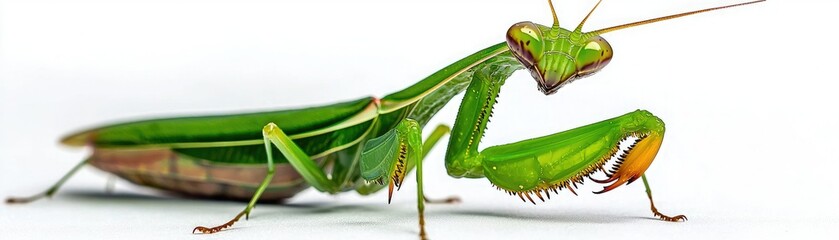 A detailed close-up of a vibrant green mantis, showcasing its distinctive features and coloration, perched in a focused position.