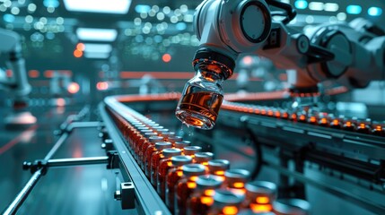 Robotic Arms Placing Medical Vials on a Conveyor in a High-Tech Pharmaceutical Plant