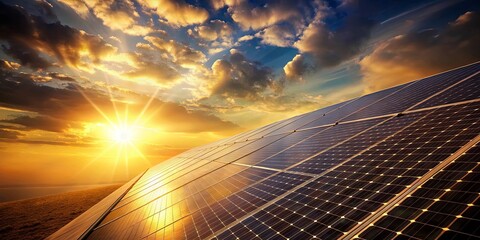 Solar Panels Glowing in the Golden Sunset with a Bright Sky