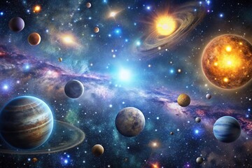 Vast expanse of stars and planets in a distant galaxy cluster, starry night, universe, galaxy cluster