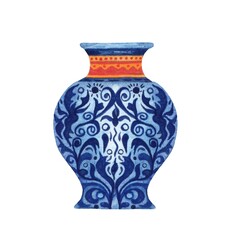 Watercolor ancient vase with floral ornaments on white background