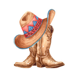 Watercolor cowboy boots with a hat. Hand painted rodeo theme design. Countryside western themed illustration.