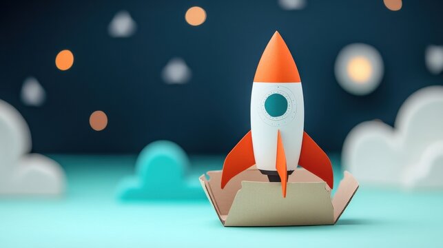 A whimsical scene shows a colorful paper rocket on a cardboard launch pad, set against soft pastel clouds and twinkling stars, evoking creativity and childhood dreams.