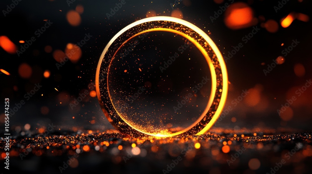 Poster a a glowing circular ring surrounded by dynamic sparks and particles. warm orange glow contrasts wit