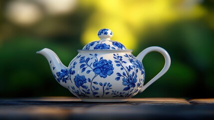 A classic porcelain teapot with intricate blue floral patterns rests on a wooden surface. Its graceful handle and decorative lid enhance its vintage charm, perfect for tea culture and home decor.