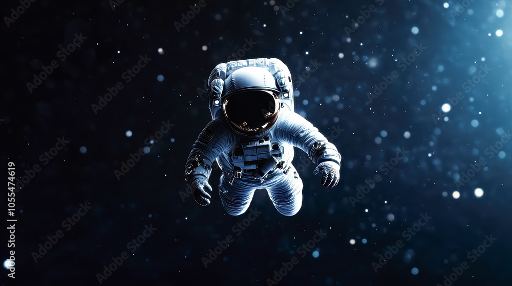 Poster a detailed image of an astronaut floating in space, clad in a sleek spacesuit and reflective helmet.
