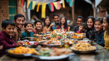 Fototapeta premium Losar guest, table full of typical Nepalese dishes, family gathered with cheerful faces celebrating the beginning of the year, Ai generated images