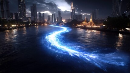 Illuminated river flowing through urban landscape at night